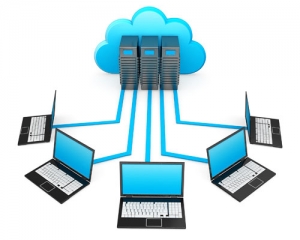 Illustration of five networked computers and three servers representing the Cloud